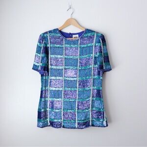 Vintage Multicolor Silk Sequin Checkered Short Sleeve Top XL